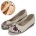 DODOING Women's Casual Fit Flat Office Shoes Non-Slip Flat Walking Shoes with Delicate Embroidery Flower Slip On Flats Shoes Round Toe Ballet Flats (4-10 Size)-White