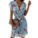 LAPA Women's Bohemia Pleat Belt Ruffle Floral Print Knee Length Dress