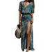 Lumento Summer Beach Kaftan Dresses for Women Loose V Neck Boho Long Maxi Dress Casual Party Holiday Swing Dress Ladies Stylish Split Floral Printed Dress Striped XXL