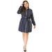 Women's Plus Size Striped Long Sleeve Tie Waist Shirt Dress 3X Blue