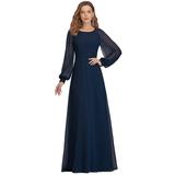 Ever-Pretty Women's A-line See-Through Chiffon Bridesmaid Dress Hollow Out Long Sleeves Beaded Wedding Guest Gown 00332 Navy Blue US4