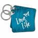 3dRose Love Life- White Text with Butterfly over Blue Wood Effect - Key Chains, 2.25 by 2.25-inch, set of 2