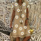 womens dresses Summer Dress Vintage Loose V-neck Floral Print Short Sleeve Midi Dress
