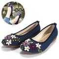 DODOING Womens Ballet Flats Floral Embroidered Cut Platform Shoe Slip On Flats Casual Driving Loafers Shoes, Khaki/ White/ Navy Blue, 4-10 Size