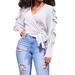 Women Ruffle Frill Crop Top V Neck Long Sleeve Asymmetric Wrap Blouse