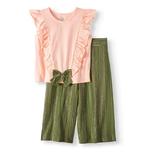 Wonder Nation Bow Front Ruffle Top and Gaucho Pant, 2-Piece Outfit Set (Little Girls, Big Girls & Big Girls Plus)