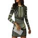 FOCUSNORM Women Striped Wear to Work Business Cocktail Pencil Dress Long Sleeve Mock Neck Mini Dress