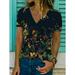 Women Summer Short Sleeve Floral Flower Print Leisure V-Neck Comfort T-Shirts