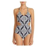 TORY BURCH Women's Tory Navy Tapestry Geometric Cutout One Piece Swimsuit L