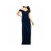 BETSY & ADAM Womens Navy Sequined Lace Runched Cap Sleeve Off Shoulder Full-Length Sheath Evening Dress Size 6
