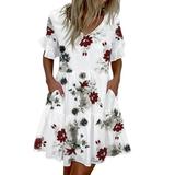 UKAP Women Baby Doll Dress Summer Casual Party Dress Pleated Flowy Swing Short Sleeve V Neck Mini Dress With Pockets