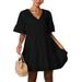 Summer Short Sleeve V Neck Smock Dress for Women V Neck Short Dress Casual Loose Baggy Boho Dress Ladies Plain Smock Dress Mini Dresses