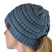 C.C BeanieTail Soft Stretch Cable Knit Messy High Bun Ponytail Beanie Hat, Criss Cross Steel Blue