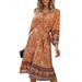 Casual Long Sleeve Paisley V-Neck Dress For Women Boho Floral Print Long Dresses Winter Casual Holiday Party Midi Swing Dress V-Neck