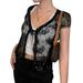 Women Sheer Lace Embroidery Crop Tops, Y2K Short Sleeve Tie Up Floral Lace Tops Cardigan