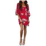 Women A Crisp Sweet Floral Print Mid-Length A Loose Waist Seven Quarte Dress