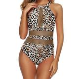 Women One Piece Mesh Swimsuit High Neck Halter Monokini Swimwear Padded Bathing Suit Plunge Bikini