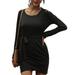 Women's Solid Dress, High-Waist Midi, Long Sleeve Round Neck Fall Girl Tummy Control A-Line Clothes