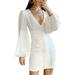 Jocestyle White Dress Women Puff Sleeve Deep V Neck Autumn Mini Short Dress (M)