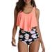 Women Tankini Set Two Piece Swimsuit Lotus Swimwear High Waist Beachwear Floral Print Push-Up Bra Padded Braces Swimming Bathing Suit Orange+Rose Print XL