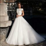 Short Sleeve Wedding Dress Backless Lace with Beaded Pearls