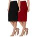 Women's High Waist Stretch Pull On Casual Office Soft Pencil Midi Skirt (Pack of 2) Black-Burgundy L