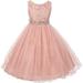 Little Girls Sleeveless Dress Glitters Sequined Bodice Double Layer Tulle Skirt Rhinestones Sash Flower Girl Dress Blush - Size 4