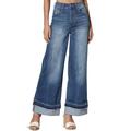 TheMogan Junior's Distressed Wash High Rise Cuffed Crop Wide Leg Flare Jeans