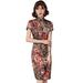 ESSEN Cheongsam Women Short Sleeve Floral Print Slit Hem Brocade Chinese Cheongsam Midi Dress