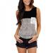 Summer Women's leisure T-shirt Leopard Stitching Women's Small Vest Round Neck T-shirt Top Black L