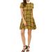 Allegra K Women's Peter Pan Collar Puff Sleeves Above Knee Plaid Dress