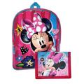 DIsney Minnie Mouse 15" Gloss Backpack Smiles w/ Bi-Fold Pink Wallet Set