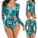 Women Fashion V-neck Tropical Leaves Print Diving Surfing Suit Set Beach Suit