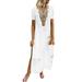 RYDCOT Women Print V-neck Side Slit Bohemian Dresses Shift Boho Maxi Dress White XXXL