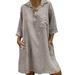 Women Autumn 4/3 Long Sleeve Cotton Linen Long Tunic Shirt Dress Baggy Casual Kaftan Peasant Ethnic Gypsy Loose Sundress Ladies Loose Button Pocket Mid Tunic Shirt Dress