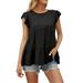 Womenâ€™s Summer T shirt Top Blouse Fungus Sleeve Round Neck Solid Color Loose Fit Flowy Pleated Tunic Babydoll Peplum Tops Blouse