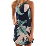 Women's Boho Casual Sleeveless Floral Mini Dress Summer Beach Halter Neck Dresses Sundress