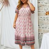 ã€–Follureã€—Plus Size Plus Size Womens Bohe Casual Print Short Sleeve Dress V-Neck Ladies Dresses