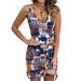 Jocestyle Mosaic Print Women Sling Bodycon Ruffle V Neck Short Dress (Khaki Yellow S)