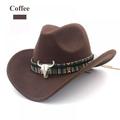 Ox Head Cowboy hat Unisex Western Cowboy Wool Hat Wide Brim Fedora Jazz Cap with Strap