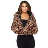 Tomshoo Women Hooded Faux Fur Coat Leopard Print Long Sleeves Side Pockets Casual Crop Jacket Overcoat Outwear