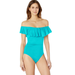 La Blanca Women's Island Goddess Off Shoulder Ruffle One Piece Swimsuit Aqua Blue, Size 14