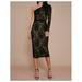 TADASHI SHOJI Womens Black Lace Patterned Asymmetrical Neckline Below The Knee Sheath Evening Dress Size 4