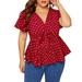 matoen Women's plus size dot V-neck bow short-sleeved polyester top red