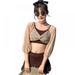 Women Split Swimsuit, Top and Skirt Two Piece Suit, Conservative Korean Style Student Swimwear (Coffee)