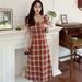 Wisremt Retro Cladssic Plaid Pattern Dress Spring Summer Square Collar Puff Sleeve Dress French Style Ruffles Red Dress Longer Dress M