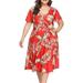 UKAP Plus Size Women High Waist Short Dress Deep V Neck Plus Size Swing Sundress Floral Print Summer Beach Dress with Belt