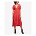 FREE PEOPLE Womens Red Pleated Ruched Keyhole Back Animal Print Short Sleeve V Neck Maxi Dress Size: 10