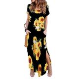 Sexy Dance Women Casual Loose Pocket Long Dress Short Sleeve Split Maxi Dresses Summer Maxi Dress Ladies Baggy Loose Long Shirt Dress Lounge Wear