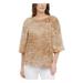 CALVIN KLEIN Womens Brown Sheer Printed Bell Sleeve Jewel Neck Top Size XL